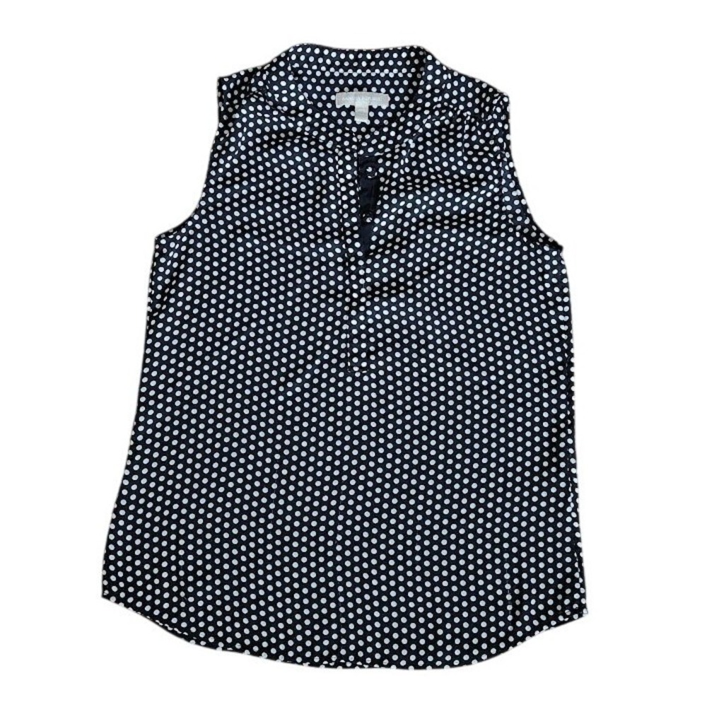 Banana Republic Petite 6P Polka Dot Sleeveless Henley Blouse Black White Top 103